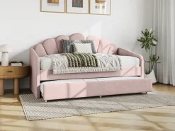 Vente-unique Cama Terciopelo|Cama Diván | Cama nido en forma de concha 2 x 90 x 190 cm en terciopelo con colchón - ELUSIA
