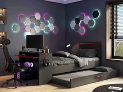 Vente-unique Cama Nido|Cama Infantil | Cama nido gamer 90 x 200 et 90 x 190 cm escritorio LEDs antracita y rojo + colchón VOUANI