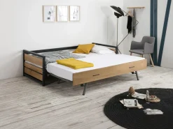 Vente-unique Cama Nido|Cama Infantil | Cama nido industrial 90 x 190 cm de MDF Pino y metal con colchón BOSTON