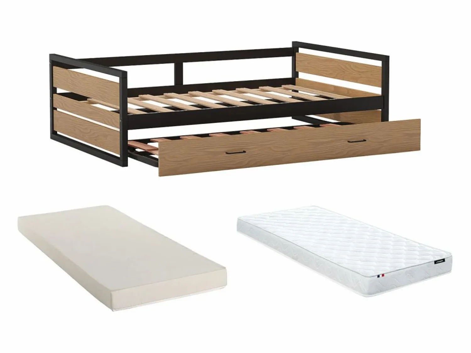 Vente-unique Cama Nido|Cama Infantil | Cama nido industrial 90 x 190 cm de MDF Pino y metal con colchón BOSTON