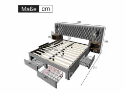 Cama nido 160x200 cm en terciopelo - Con 4 cajones, 2 mesitas, USB y lámpara de lectura < DripeX Best