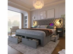 Cama nido 160x200 cm en terciopelo - Con 4 cajones, 2 mesitas, USB y lámpara de lectura < DripeX Best
