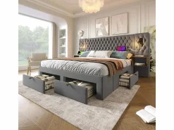 Cama nido 160x200 cm en terciopelo - Con 4 cajones, 2 mesitas, USB y lámpara de lectura < DripeX Best