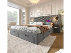 Cama nido 160x200 cm en terciopelo - Con 4 cajones, 2 mesitas, USB y lámpara de lectura < DripeX Best