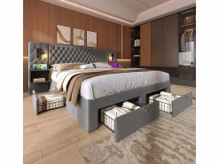 Cama nido 160x200 cm en terciopelo - Con 4 cajones, 2 mesitas, USB y lámpara de lectura < DripeX Best