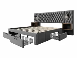 Cama nido 160x200 cm en terciopelo - Con 4 cajones, 2 mesitas, USB y lámpara de lectura < DripeX Best