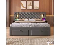 Cama nido 160x200 cm en terciopelo - Con 4 cajones, 2 mesitas, USB y lámpara de lectura < DripeX Best