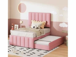 Cama Diván * Cama nido 90x200cm+90x190cm, cama con ruedas con 3 cajones, cama tapizada en lino, para niños y jóvenes, color Rosa