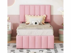 Cama Diván * Cama nido 90x200cm+90x190cm, cama con ruedas con 3 cajones, cama tapizada en lino, para niños y jóvenes, color Rosa