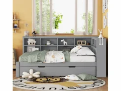 Cama Diván * Cama para adulto de 140 x 200 cm - Cama nido con puerto USB y amplio espacio de almacenaje - pino - colchón no incluido Gris