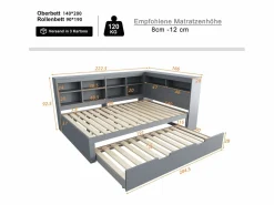 Cama Diván * Cama para adulto de 140 x 200 cm - Cama nido con puerto USB y amplio espacio de almacenaje - pino - colchón no incluido Gris