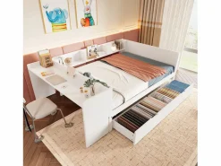 Cama Diván * Cama para adultos de 140 x 200 cm - con 2 cajones y estantes - pino - colchón no incluido Blanco