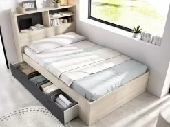 Cama 120 x 190 cm con almacenaje en color natural y antracita + somier - VARDIEL < Vente-unique Discount