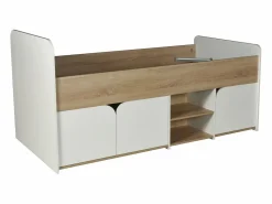 Cama 90 x 190 cm con almacenaje en color natural y blanco - LOSTYA < Vente-unique Clearance