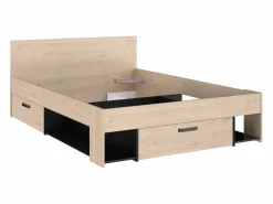 Cama 140x190/200 cm con almacenamiento color natural y negro + somier + colchón - KINSELIA < Vente-unique Discount