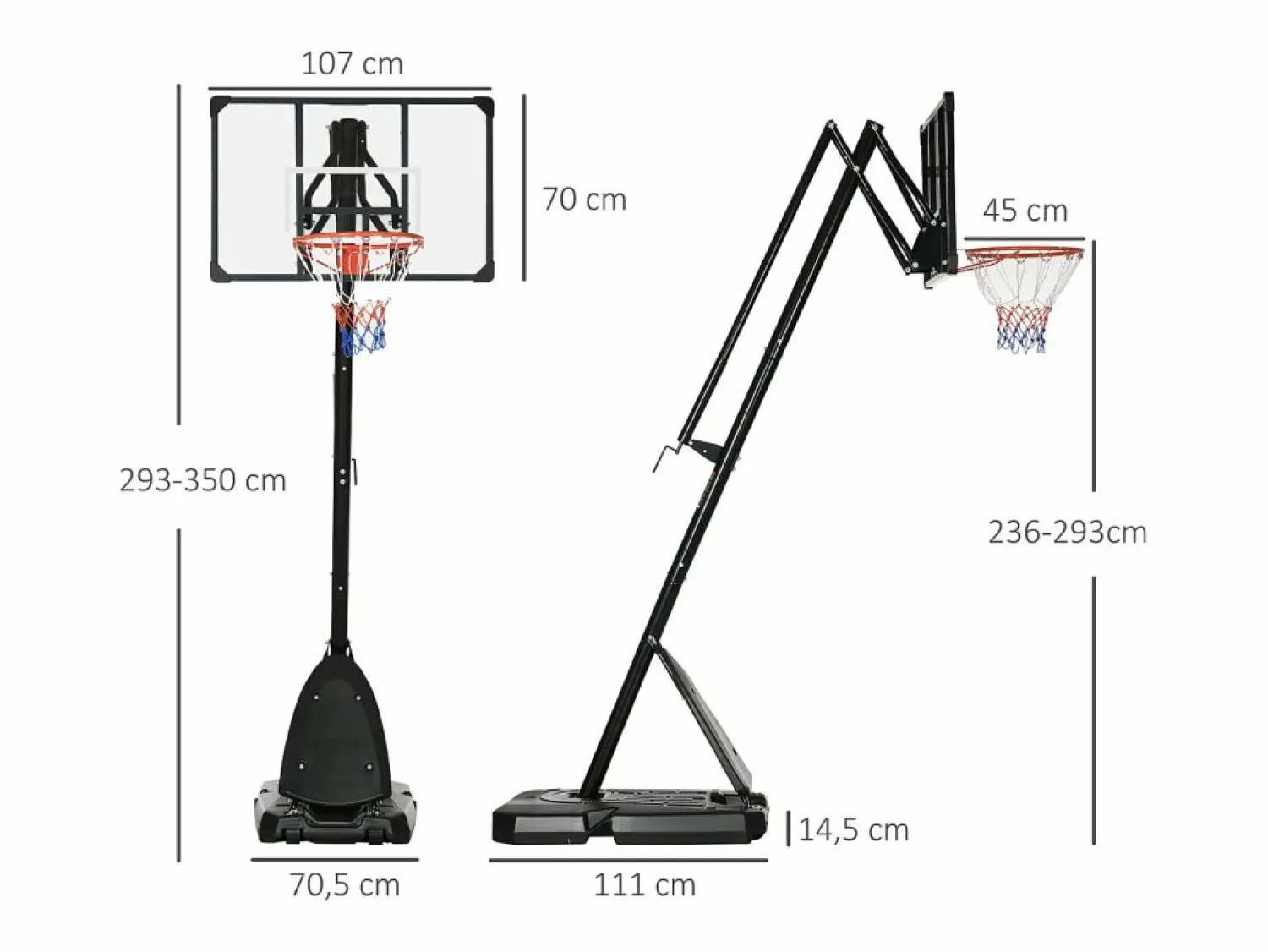 Aparato De Musculación * Canasta de baloncesto de altura regulable (293-350 cm), con tablero de acero y ruedas, para jardín y pista deportiva, color (111 x 70,5 x 350 cm) Negro
