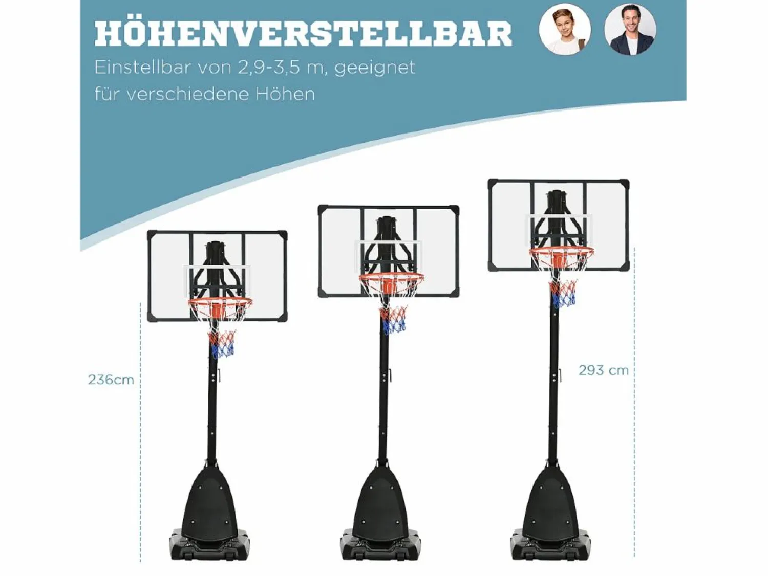 Aparato De Musculación * Canasta de baloncesto de altura regulable (293-350 cm), con tablero de acero y ruedas, para jardín y pista deportiva, color (111 x 70,5 x 350 cm) Negro