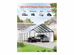 Cochera * Carport SucceBuy, 5,8 x 7,45 m, Cochera Metálica Resistente, Refugio de Garaje Exterior con Estructura de Acero, para Camionetas, Barcos, Camiones y Tractores Plateado