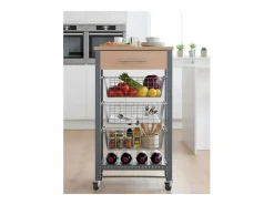 Carrito de cocina Diana con 3 cestas extraíbles, cajón y botellero – mueble auxiliar con ruedas en color inox y haya < Don Hierro Discount