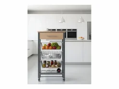 Carrito de cocina Diana con 3 cestas extraíbles, cajón y botellero – mueble auxiliar con ruedas en color inox y haya < Don Hierro Discount