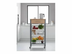 Carrito de cocina Diana con 3 cestas extraíbles, cajón y botellero – mueble auxiliar con ruedas en color inox y haya < Don Hierro Discount
