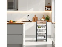 Carrito de cocina Diana con 3 cestas extraíbles, cajón y botellero – mueble auxiliar con ruedas en color inox y haya < Don Hierro Discount