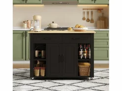 Carro de cocina 120x44x91,5 con barra de bar y tomas de corriente, dos cajones y dos puertas de armario con separadores en color para cocina y comedor < Online