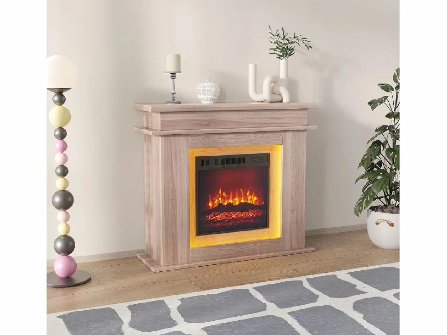 Chimenea eléctrica - Chimenea LED, con calefacción - Efecto de llama 3D - Temporizador, iluminación ambiental LED de 20 colores y control remoto - Color roble < Outlet