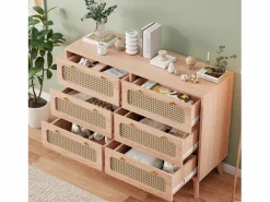 Cómoda de 6 cajones - Cómoda de ratán para dormitorio - Cómoda de madera con tiradores dorados - 100x34x73cm < Online