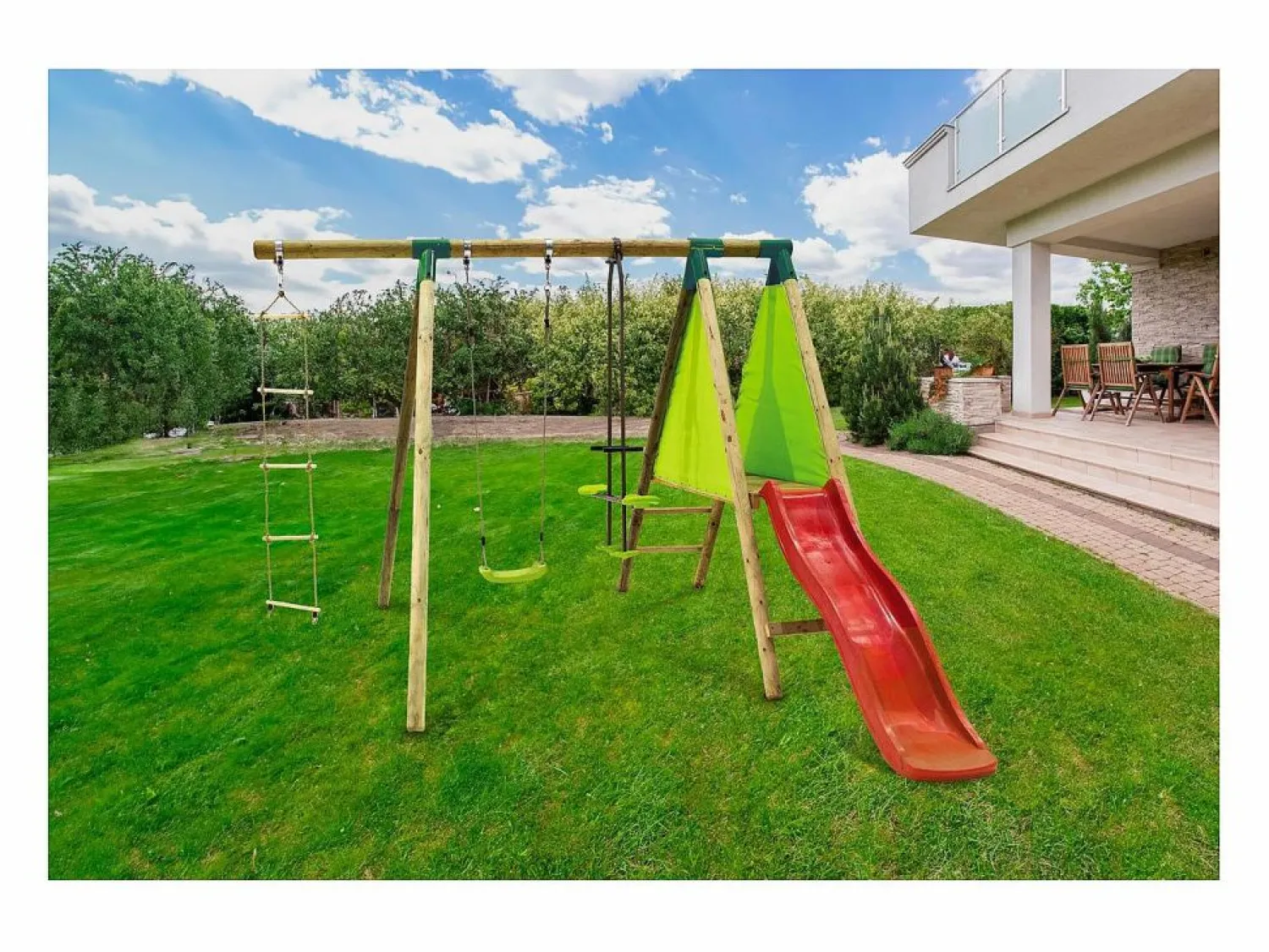 Columpio de madera "Balanga" - Con 1 Tobogán - 1 Columpio - 1 Cara a cara - 1 Capazo. < Habitat et jardin New