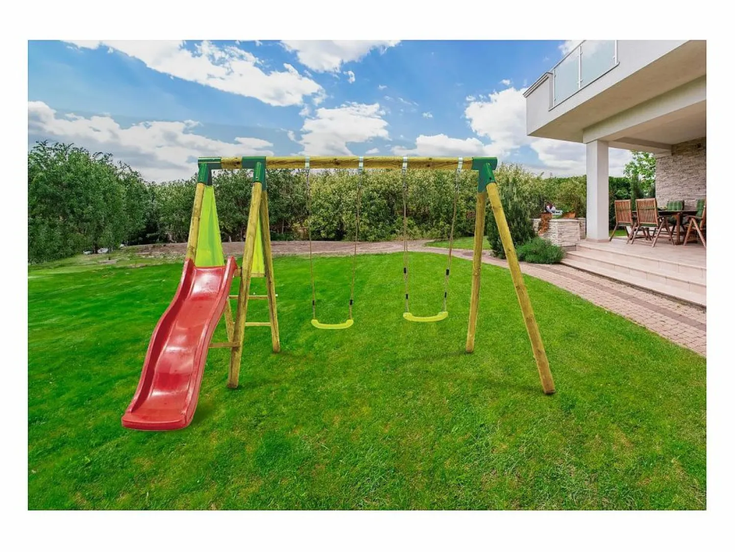 Columpio de madera "Kida" - Con 1 Tobogán y 2 Columpios. < Habitat et jardin