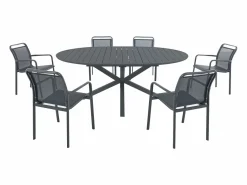 Comedor de jardín de aluminio: una mesa redonda extensible L.150/200 cm y 6 sillones apilables - Antracita - VELYRA de < MYLIA Outlet