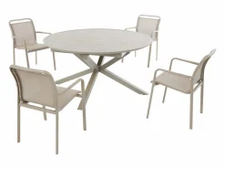Comedor de jardín de aluminio: una mesa redonda extensible L.150/200 cm y 4 sillones apilables - - VELYRA de < MYLIA Outlet