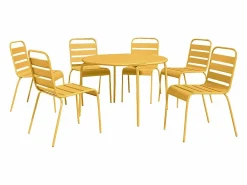 MYLIA Comedores De Jardín * Comedor de jardín de metal - Mesa redonda D.130cm y 6 sillas apilables - Amarillo - MIRMANDE de Mostaza
