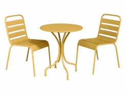 MYLIA Comedores De Jardín * Comedor jardín metal - una mesa D.60cm y 2 sillas apilables - Amarillo - MIRMANDE Mostaza