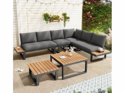 Conjunto de muebles de jardín - 252 x 195 x 76 cm - con sofá reclinable + 2 mesas de centro - Poliéster + metal - negro + < Merax Online