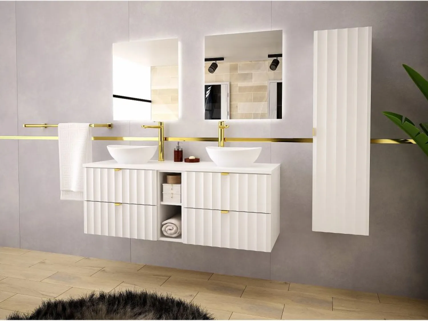 Conjunto de baño 140 cm Armario con encimera Estantería Frentes ranurados Arcos <
