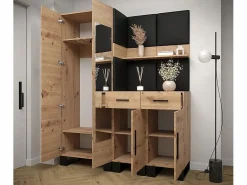 Abiks Möbel Armario De Entrada * Conjunto de guardarropa Artin 15 196/158/46 (Roble/Manila 18) Negro / Color natural claro