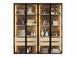 Merax Mueble De Pared Para Baño * Conjunto de 2 Muebles de Baño con LEDs - 148 x 36 x 155 cm - 4 cajones grandes y 4 puertas de cristal - Madera MDF - natural Color natural claro