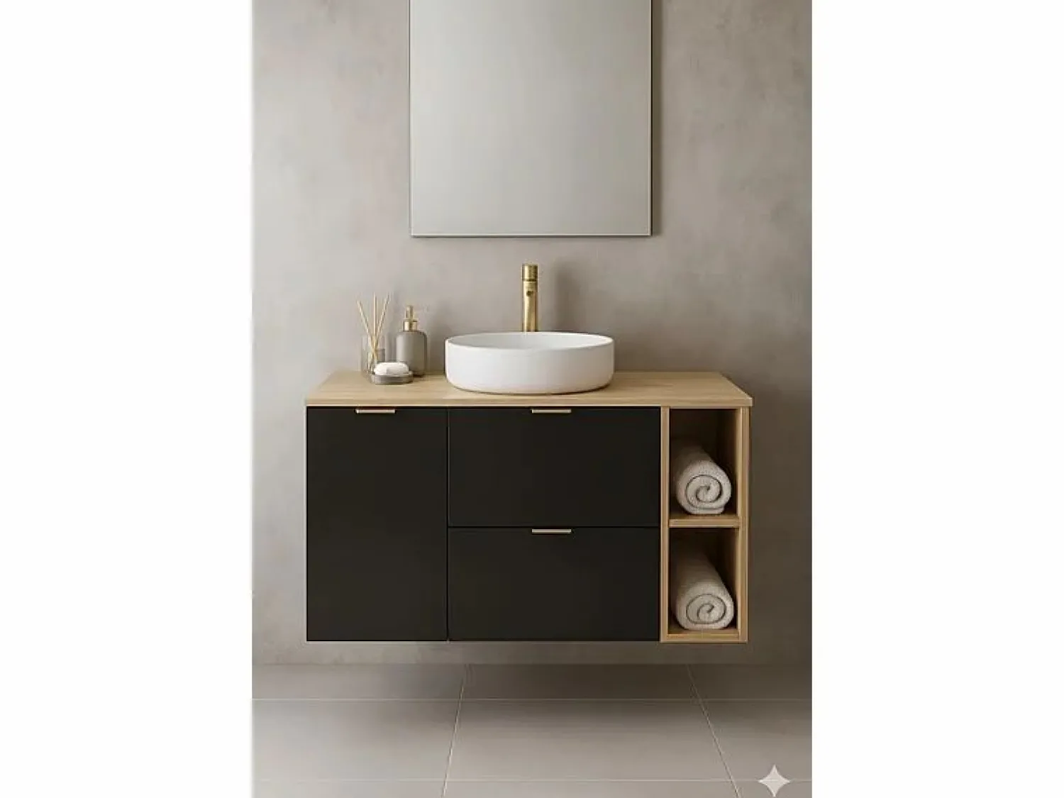 Conjunto para baño 120 cm Armario con encimera Armario con cesta Estantería Roble Artisan / Orio < Hot