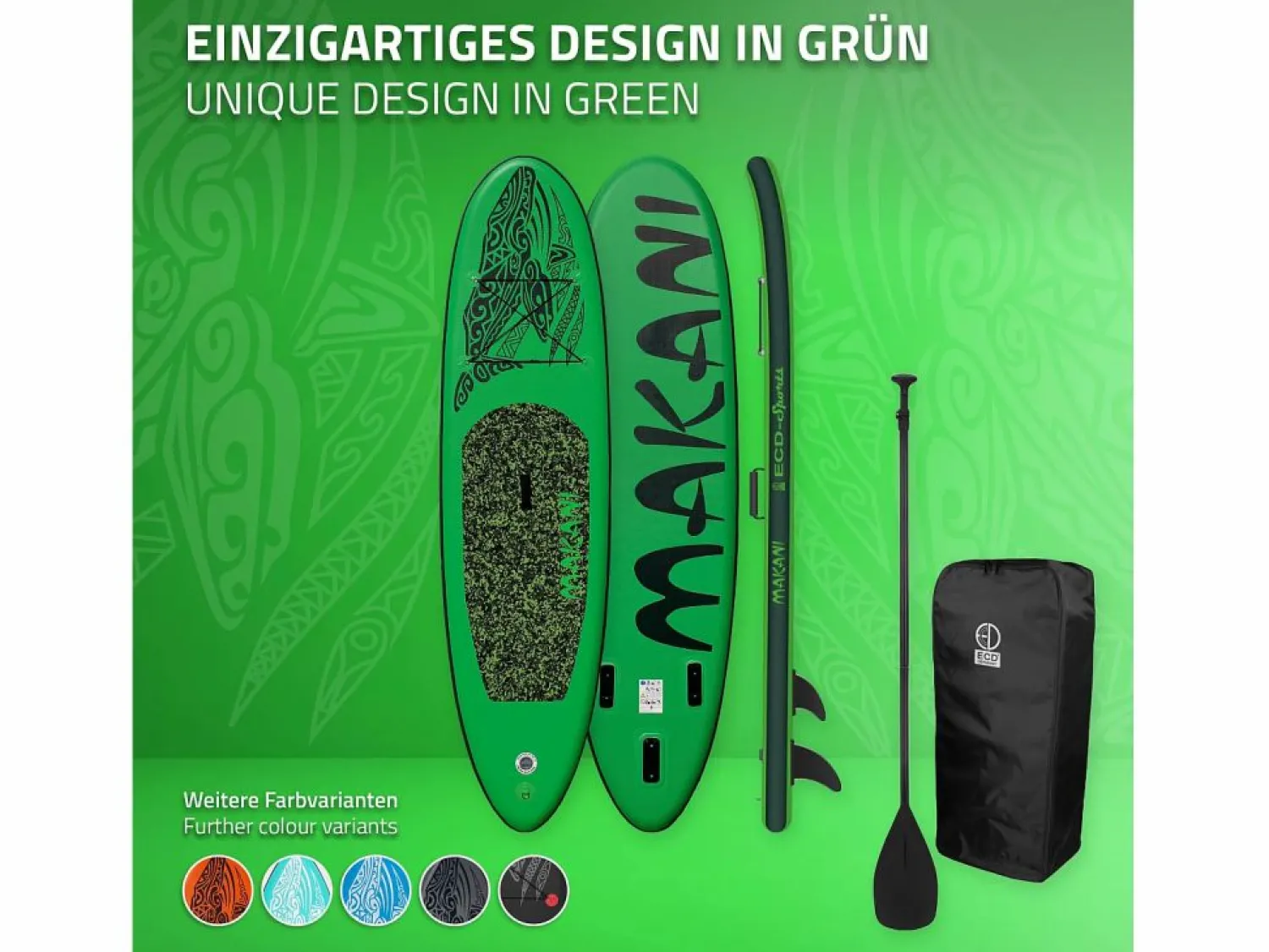 Tabla hinchable de paddle surf SUP Makani 320 x 80 x 15 cm de PVC hasta 120kg con bomba de aire, bolsa de transporte y accesorios < ECD Germany Best