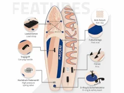 Tabla hinchable de paddle surf SUP Makani 320 x 80 x 15 cm de PVC color albaricoque con bomba de aire, bolsa de transporte y accesorios < ECD Germany Hot