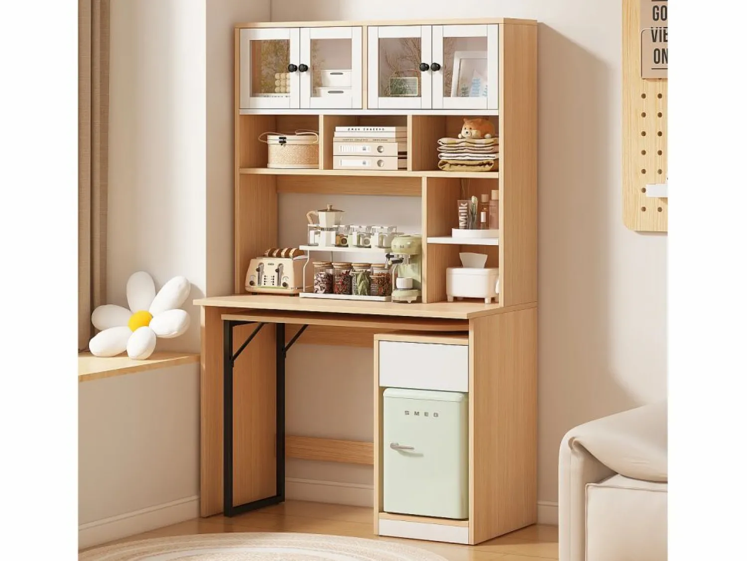 Escritorio de esquina extensible con tablero giratorio, gran espacio de almacenamiento integrado, en MDF natural claro - 110x55x180cm < Hauss Spole Clearance