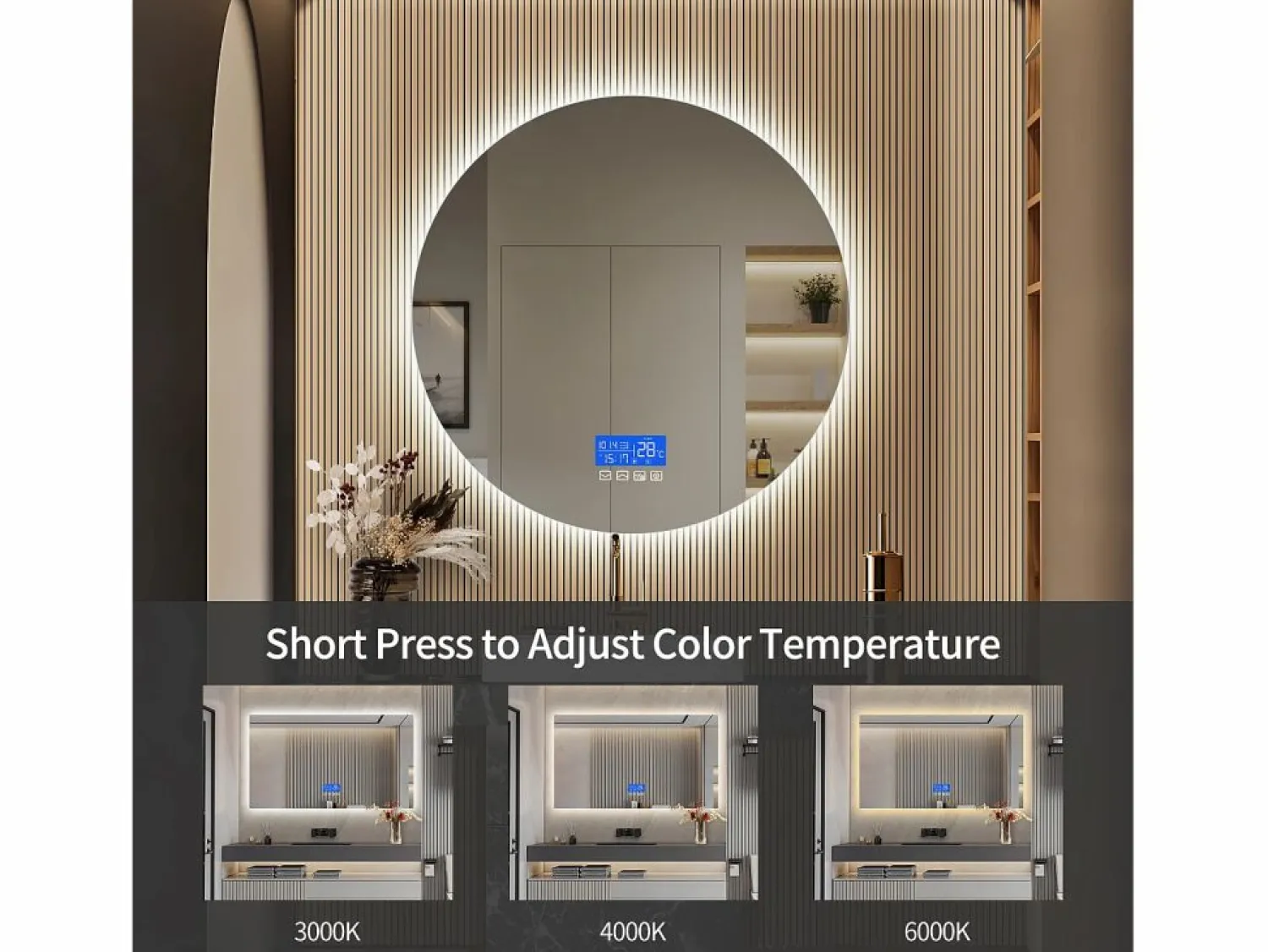 Accesorios De Cuarto De Baño|Espejo De Cuarto De Baño * Espejo de baño - 100*100 cm - con LED - Función antivaho - Visualización de tiempo/temperatura - Blanco