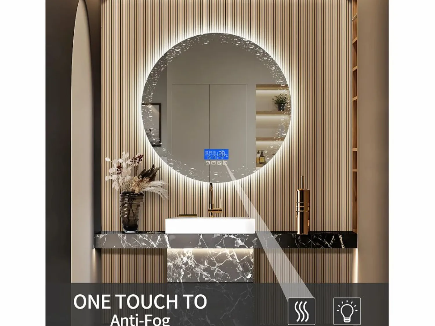 Accesorios De Cuarto De Baño|Espejo De Cuarto De Baño * Espejo de baño - 100*100 cm - con LED - Función antivaho - Visualización de tiempo/temperatura - Blanco