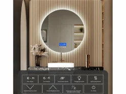 Accesorios De Cuarto De Baño|Espejo De Cuarto De Baño * Espejo de baño - 100*100 cm - con LED - Función antivaho - Visualización de tiempo/temperatura - Blanco