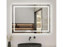 Accesorios De Cuarto De Baño|Espejo De Cuarto De Baño * Espejo de baño con Led,80 x 60 cm, luz blanca, rectangular, Con función antivaho, memoria agapada, brillo ajustable. Transparente