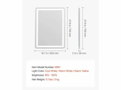 Accesorios De Cuarto De Baño|Espejo De Cuarto De Baño * Espejo de Pared SucceBuy, 50 x 70 cm, Espejo de Baño LED, Montaje en Pared, Antiniebla, 3 Colores de Temperatura Ajustables Blanco