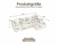 Gran sofá angular recto modular, de pana, con 4 cojines, sin montaje requerido, 261x146x65cm, < DripeX Discount