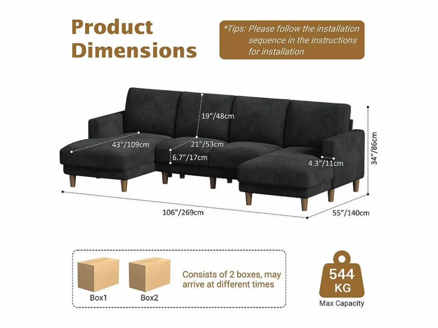 DripeX Sofás Club|Sofá - 4 Plazas * Gran sofá de esquina panorámico - 4 plazas - chaise longue 109cm - de pana - 269x140x86 - Negro